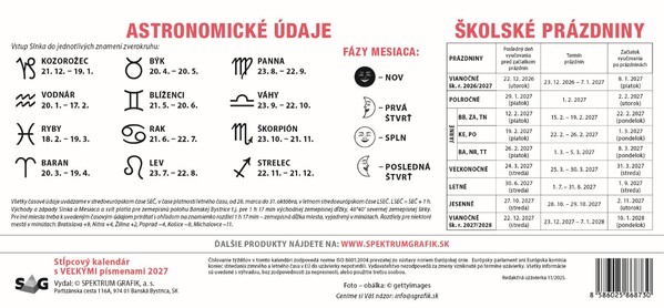 Stolový Kalendár Stĺpcový S Veľkými Písmenami 2027