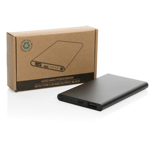 Powerbanka 4000mAh s USB C z RCS recykl. plastu a hliníka - Čierna