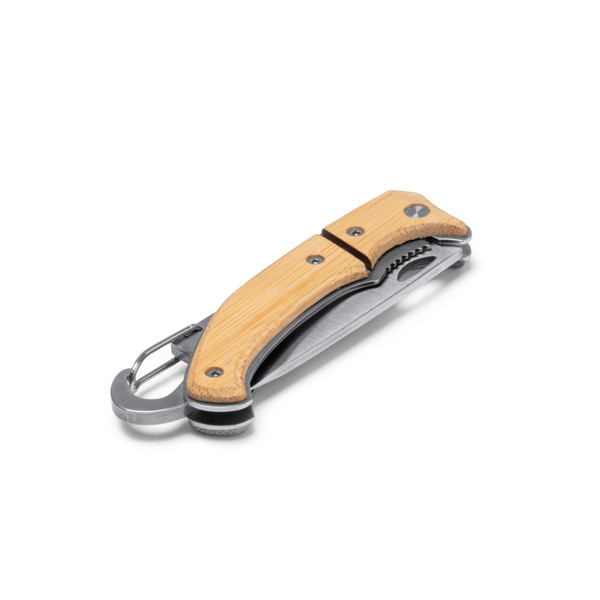 Personalised stainless steel knife with bamboo handle and carabiner