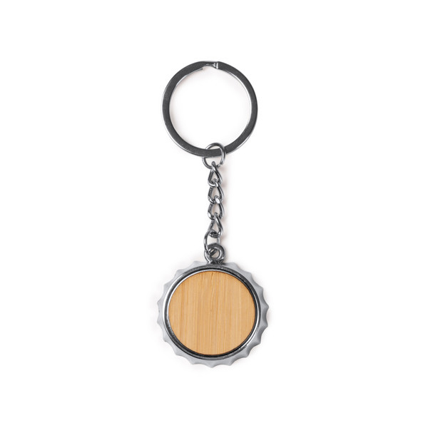 Personalised metal and bamboo bottle opener keyring with chrome finish