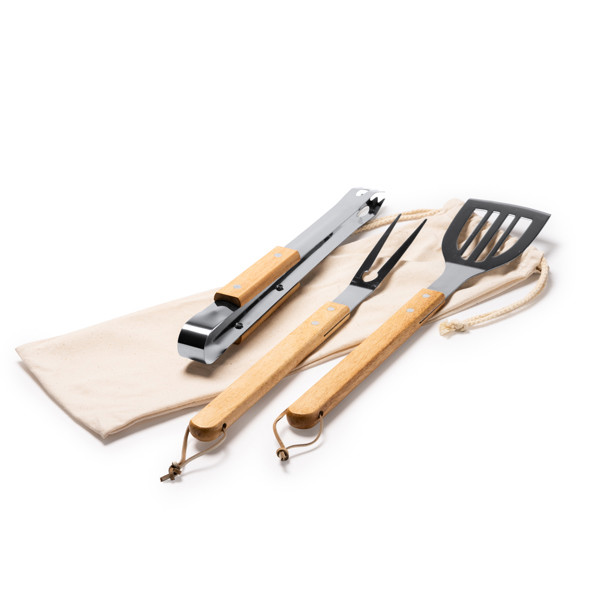Personalized stainless steel and wood BBQ set with 3 accessories