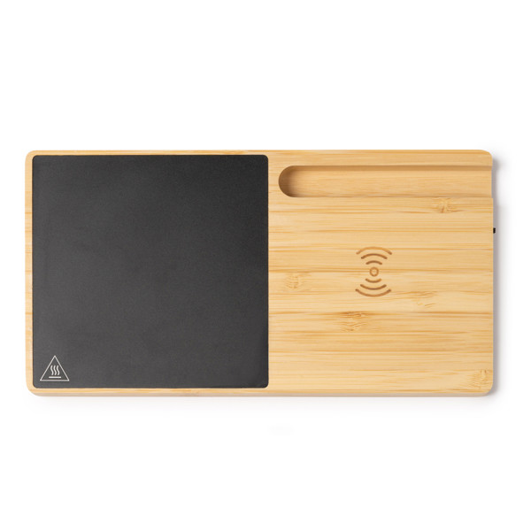 Calentador de taza personalizado de bambú con carga inalámbrica 15W y soporte para smartphone