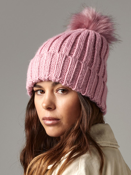 Verbier Fur Pop Pom Chunky Beanie - Black