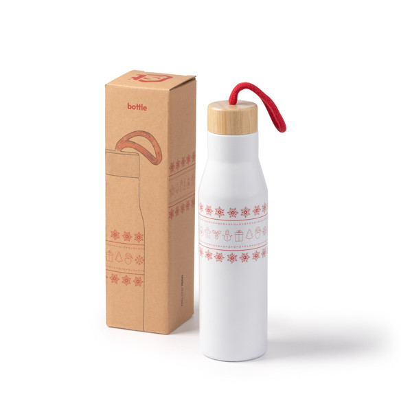 Personalised thermal bottle stainless steel 500 ml with bamboo lid and cotton handle
