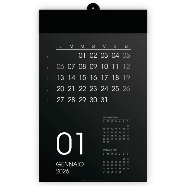 Calendario 2026 Da Parete Mensile, 12 Mesi, Su Cartoncino Nero, Termosaldato