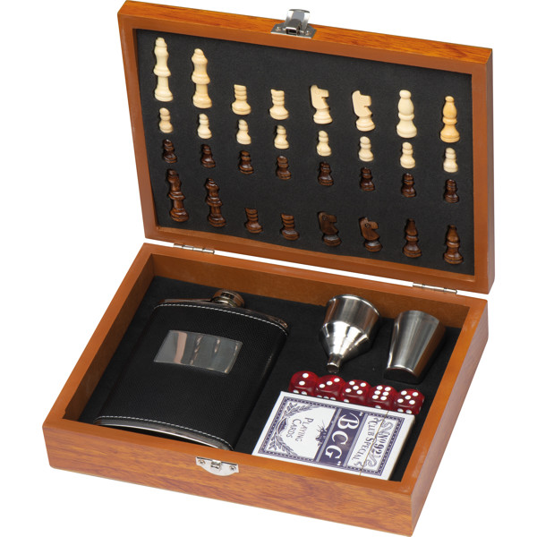 Playset with hip flask, chess and card game - Brown