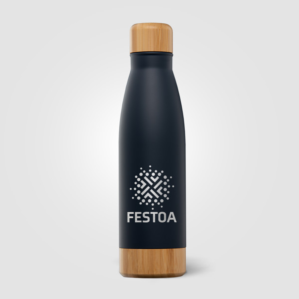 Ibiza Bamboo - 650 ml Bouteille en acier inoxydable à double paroi - Bleu marine / Jet d’encre 4 couleurs