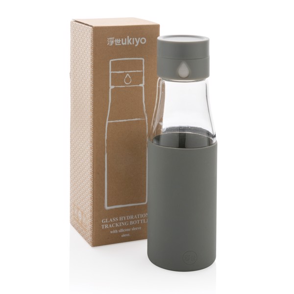 Ukiyo glass hydration tracking bottle with sleeve - Grey