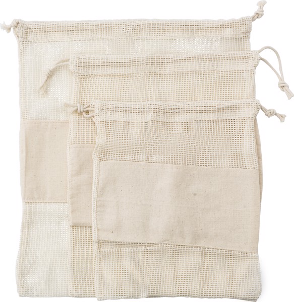 Conjunto de três sacos de malha de algodão reutilizáveis. Adele