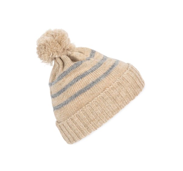 Knitted Striped Beanie In Recycled Yarn - Light Sand Heather / Light Grey Heather