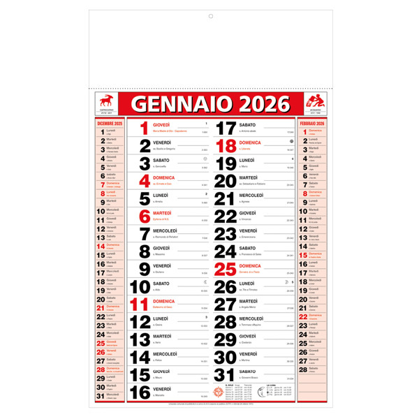 Calendario 2026 Da Muro Mensile Bicolore, 12 Fogli, Su Carta Patinata, Termosaldato - Rosso