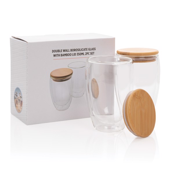 XD - Double wall borosilicate glass with bamboo lid 350ml 2pc set