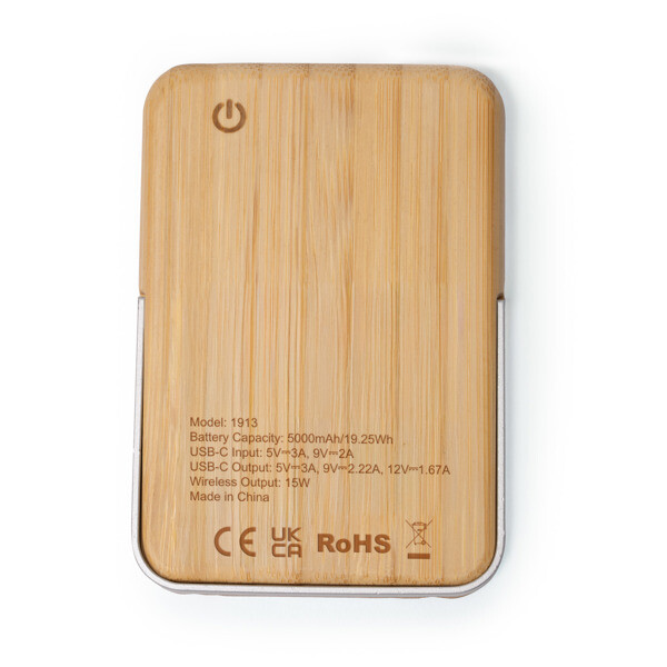 Custom bamboo and recycled aluminium power bank 5000 mAh with 15W magnetic wireless charging