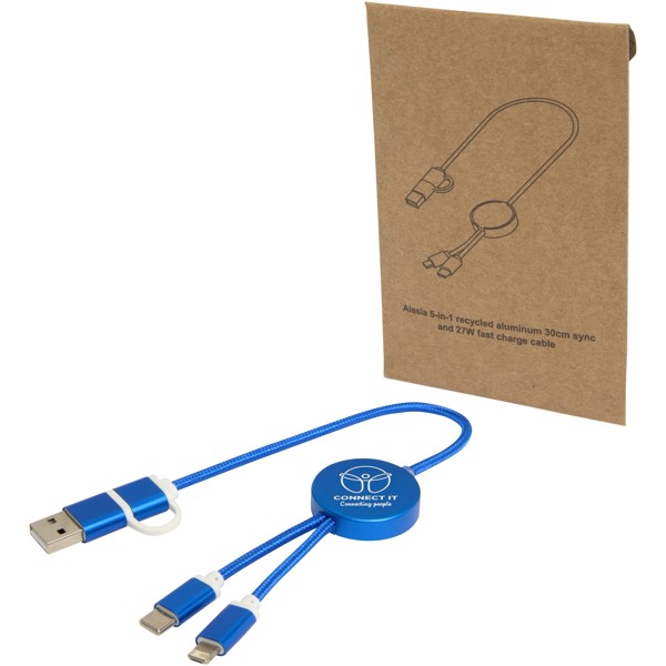 Câble 5 en 1 Alasia en aluminium et plastique recyclés de 30 cm pour la synchronisation des données et la charge rapide de 27 - Bleu royal