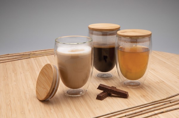 Set de 2 verres double paroi 250ml avec couvercle en bambou