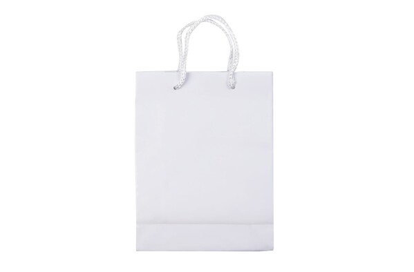 Papirnata vrečka 180x80x240 mm, sijajna, ročaji iz vrvi - Bela