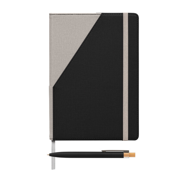 Ensemble carnet rechargeable Xanadu en PU recyclé bicolore avec stylo – A5 - Noir / Jet d’encre 4 couleurs