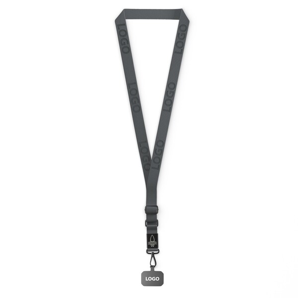 Suporte para telemóvel em forma de cruz feito de fita tecida com placa de metal gravada com o seu logótipo. Disponível em quantidades de 100 ou mais - Charcoal Grey
