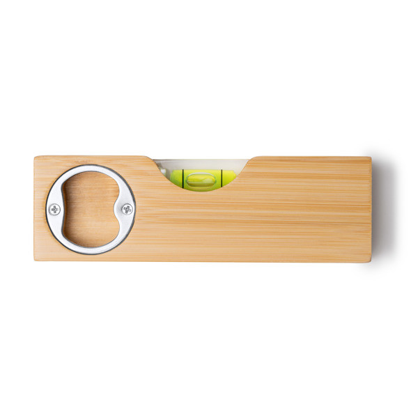 Personalised bamboo bubble level with metal bottle opener