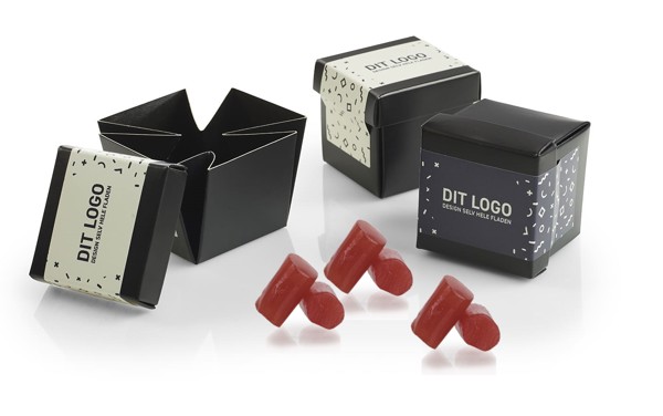 Mini Black box med lakrids inkl. logolabel - Jordbær / Styk