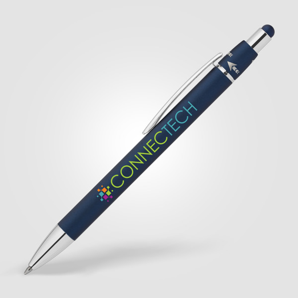 Orbit Spinner Stylo en métal chromé avec stylet - Bleu marine / Jet d’encre 4 couleurs