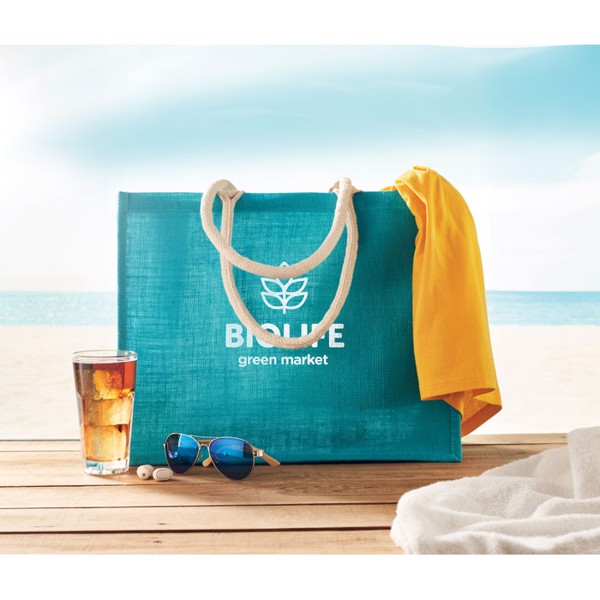 Aura jute shopping bag, 43x34x20 cm - Turquoise