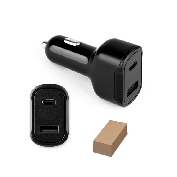 DIRAC. Adaptador de isqueiro com porta USB-A 18W e USB-C 20W em 100% rABS