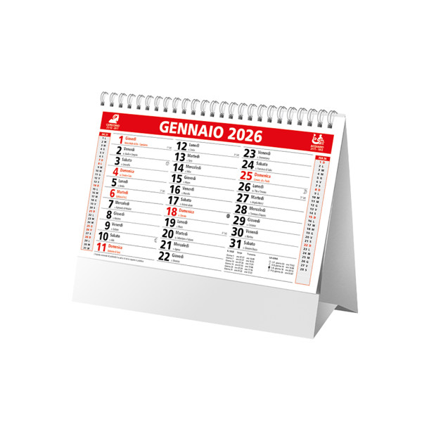 Calendario 2026 Da Tavolo Mensile Bicolore, 13 Fogli Su Carta Patinata Opaca - Rosso