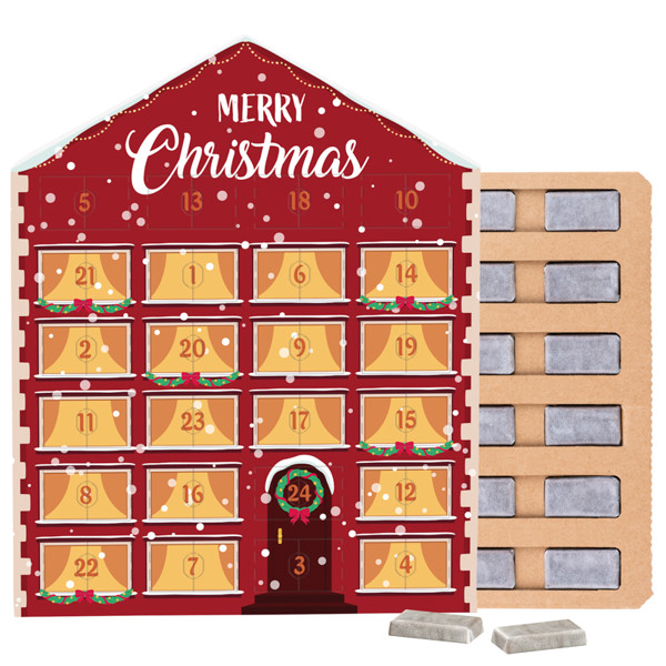 Mini bar advent calendar house ECO, cardboard inlay, mini chocolate bars | 24 Alpine mini chocolate bars, 72 g