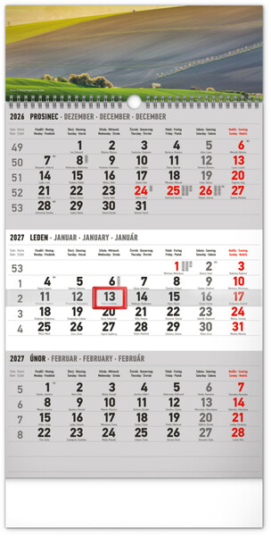 Notique Nástěnný Kalendář 3Měsíční Krajina Šedý – S Českými Jmény 2027, 29,5 x 43 cm