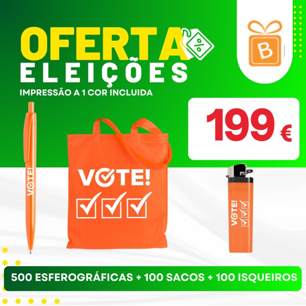 500 Esferográficas + 100 Sacos + 100 Isqueiros com impressão a 1 cor