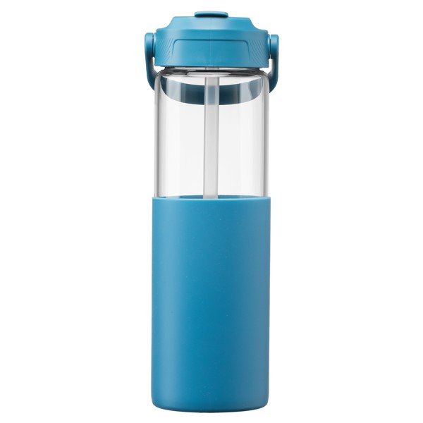 Juno Glass Silicone Sleeve Straw Bottle - 590 ml - Steel Blue / Silkscreen
