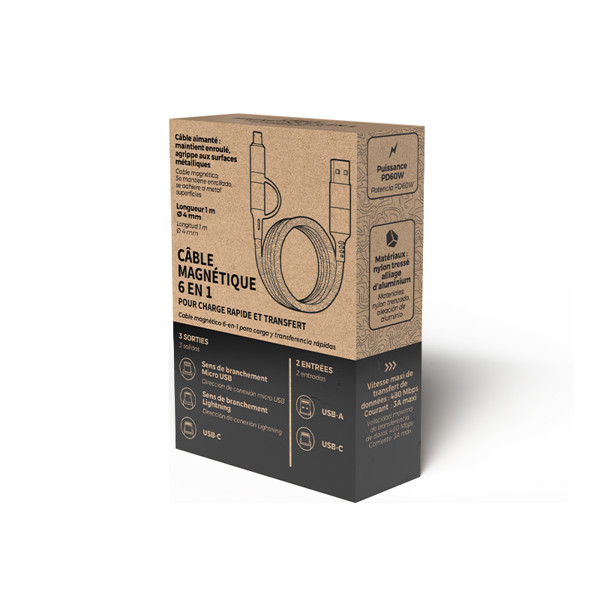 CABLE DE CHARGE 6 EN 1 A ENROULEMENT MAGNETIQUE - Argent