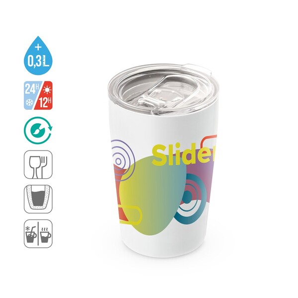 SLIDER. Putna šalica za sublimaciju od nehrđajućeg čelika 380 mL - Bijela