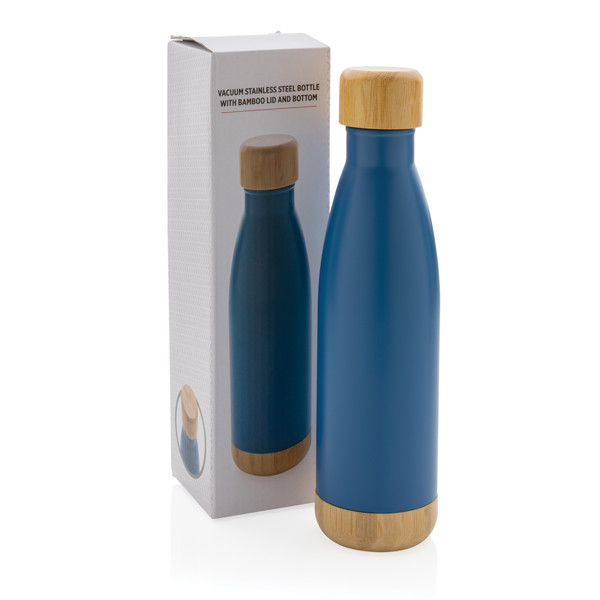 Vacuum stainless steel bottle with bamboo lid and bottom - Blue