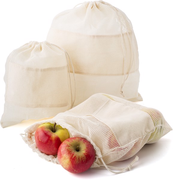Conjunto de três sacos de malha de algodão reutilizáveis. Adele