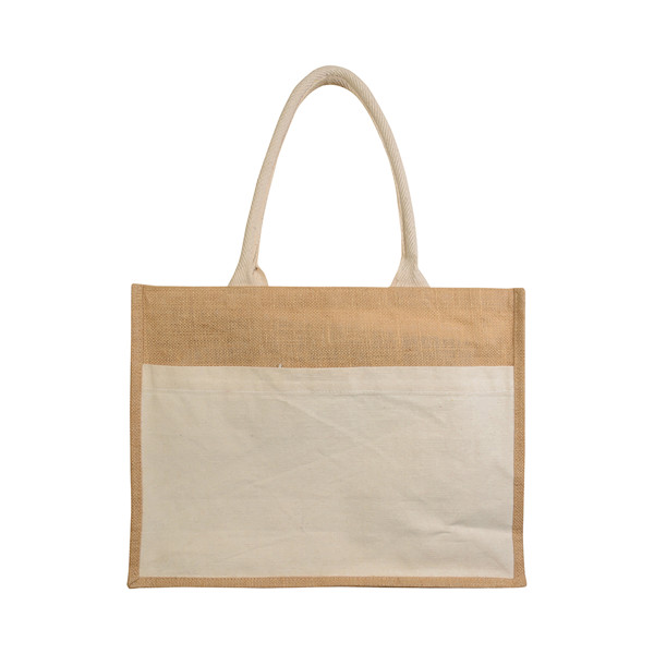 Jute Shopping Bag With Waxed Inner, Gusset, Handles And Front Pocket In Natural Cotton