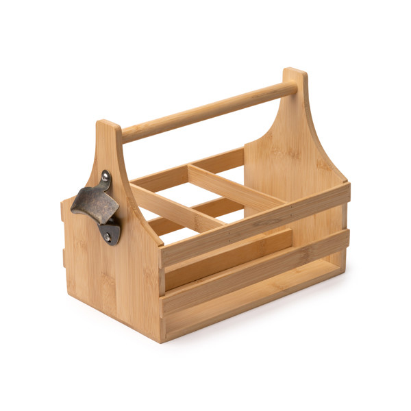 Personalised bamboo bottle holder for 6 bottles with built-in opener