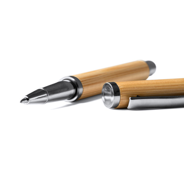 Personalised bamboo roller pen with metallic details