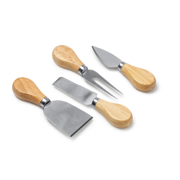 Personalised cheese set with stainless steel tools and wooden handle in eco case