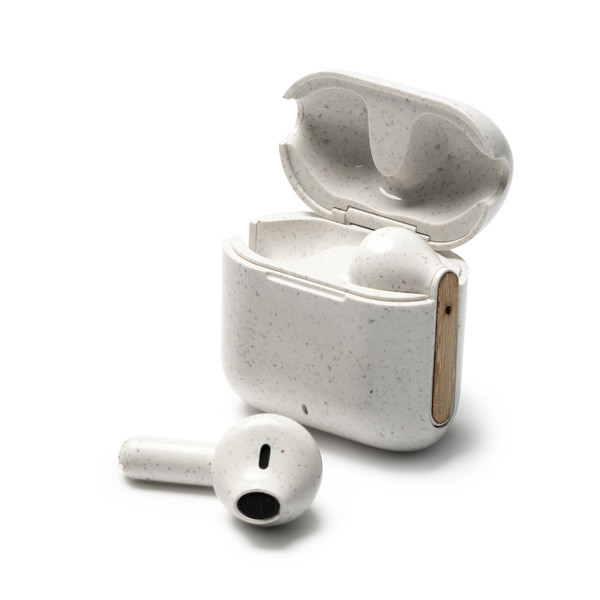 Auriculares inalámbricos personalizados de fibra de trigo y bambú con estuche de carga
