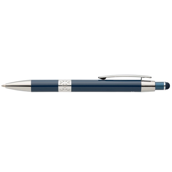 Stylo Adorn en aluminium recyclé avec finition chromée et stylet - Bleu marine / Laser