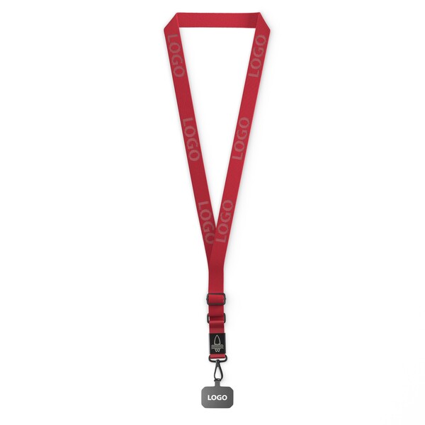 Suporte para telemóvel em forma de cruz feito de fita tecida com placa de metal gravada com o seu logótipo. Disponível em quantidades de 100 ou mais - Vermelho escarlate médio / Branco