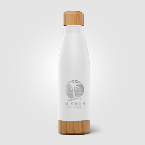 Ibiza Bamboo - 650 ml Double-Wall Stainless Bottle - White / 4 Colour inkjet