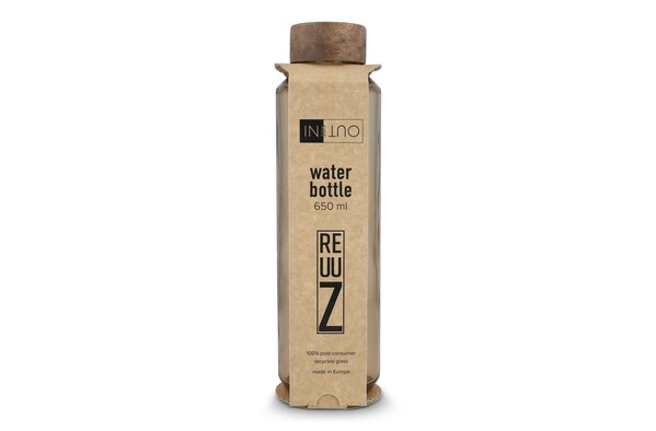 Bouteille d'eau en verre recyclé InSideOut ReuuZ avec bouchon en bois 650 ml - Transparent / Marron