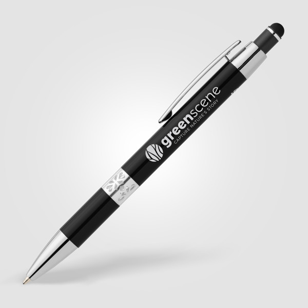 Stylo Adorn en aluminium recyclé avec finition chromée et stylet - Noir / Laser
