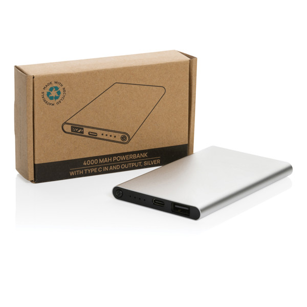 Xd Collection powerbank 4000 mAh, tip C, ploščat dizajn - Silver