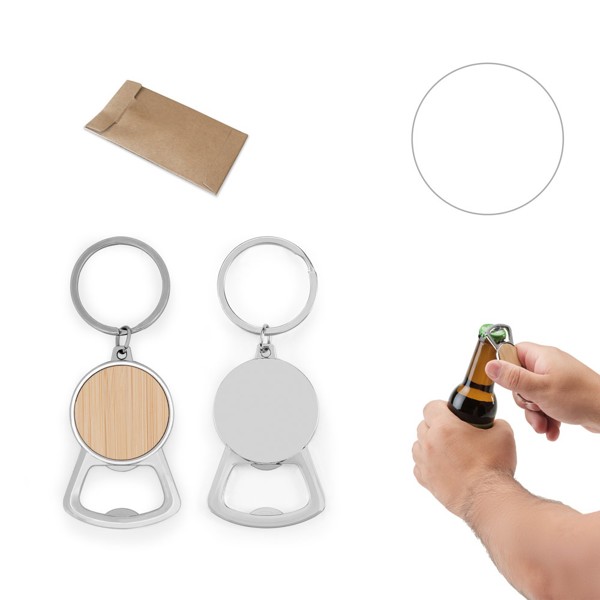 MEEKO. Kovová klíčenka v kulatém tvaru ze zinku a bambusu