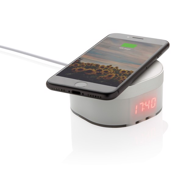 Aria digital clock, 5W wireless charger - White