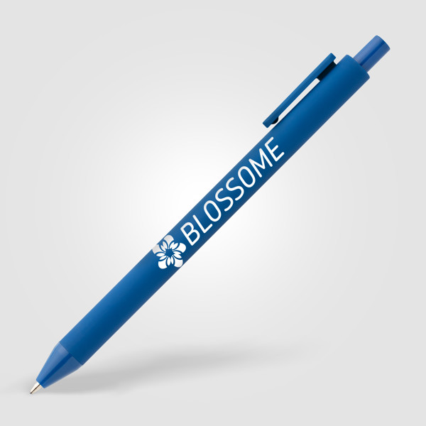 Stylo Bloom en plastique recyclé avec corps soft-touch et mécanisme rétractable - Bleu roi / Jet d’encre 4 couleurs